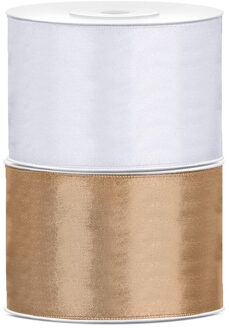 Bellatio decorations 2x rollen satijn sierlint 5 cm x 25 meter goud en wit