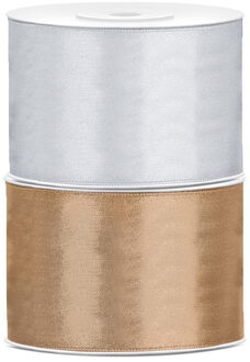 Bellatio decorations 2x rollen satijn sierlint 5 cm x 25 meter goud en zilver