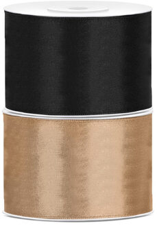 Bellatio decorations 2x rollen satijn sierlint 5 cm x 25 meter goud en zwart