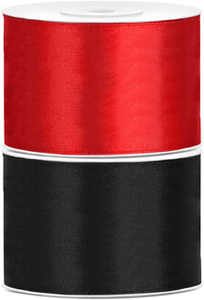 Bellatio decorations 2x rollen satijn sierlint 5 cm x 25 meter zwart en rood