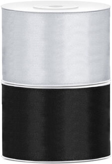 Bellatio decorations 2x rollen satijn sierlint 5 cm x 25 meter zwart en zilver