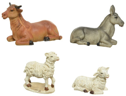 Bellatio Decorations 2x sets van 4 stuks polystone dierenbeeldjes os, ezel en schapen 12 cm - polystone dieren / kerststal dierenbeeldjes