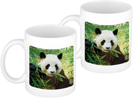 Bellatio Decorations 2x stuks bamboe etende panda koffiemok / theebeker wit 300 ml voor de natuurliefhebber - feest mokken