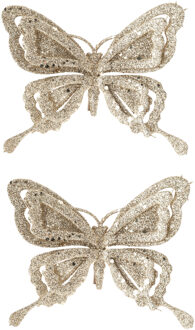 Bellatio Decorations 2x stuks decoratie vlinders op clip glitter champagne 14 cm - Kersthangers Champagnekleurig