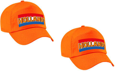 Bellatio Decorations 2x stuks Holland fan pet / cap - oranje - met Nederlandse vlag - volwassenen - EK / WK / Koningsdag - supporter petje / kleding