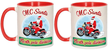 Bellatio Decorations 2x stuks kerst cadeau bekers / mokken Mc Santa Kerstman op motor 300 ml - Bekers Multikleur