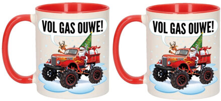 Bellatio Decorations 2x stuks kerst cadeau bekers / mokken monstertruck auto vol gas ouwe 300 ml - Bekers Multikleur