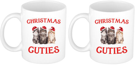 Bellatio Decorations 2x stuks kerstcadeau kerst mokken/bekers Christmas cuties met kittens / katten Kerstmis 300 ml - Bekers Wit