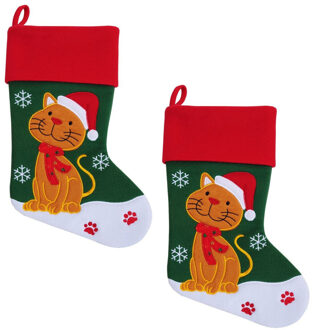 Bellatio Decorations 2x Stuks Kerstsokken Voor Huisdieren Met Plaatje Van Een Kat - Kerstsokken Rood