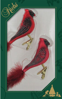 Bellatio Decorations 2x stuks luxe glazen decoratie vogels op clip kardinaal rood 15 cm - Kersthangers