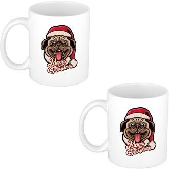 Bellatio Decorations 2x stuks Merry Christmas hond kerstmok / kerstbeker wit 300 ml