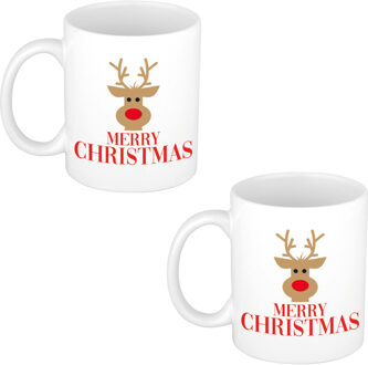 Bellatio Decorations 2x stuks Merry Christmas rendier kerstmok / kerstbeker wit 300 ml