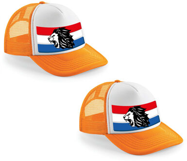 Bellatio Decorations 2x stuks oranje/ wit Holland leeuw snapback cap/ truckers pet dames en heren - Koningsdag/ EK/ WK pe