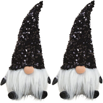 Bellatio Decorations 2x stuks pluche gnome/dwerg decoratie poppen/knuffels zwart met glitter 29 x 14 cm