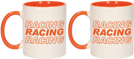 Bellatio Decorations 2x stuks racing racing racing vlag mok / beker oranje wit 300 ml