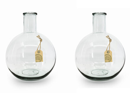 Bellatio Decorations 2x stuks transparante Eco bol vaas/vazen met hals van glas 31 cm hoog x 22 cm breed in het midden. Boeket of losse bloemen