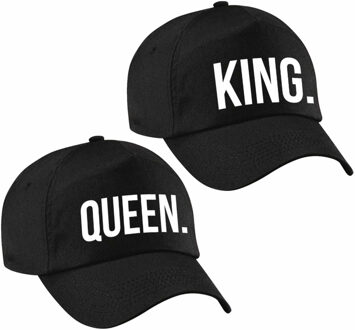 Bellatio Decorations 2x zwarte baseballcaps met King en Queen tekst - Voor volwassenenen - Carnaval of verkleed petjes