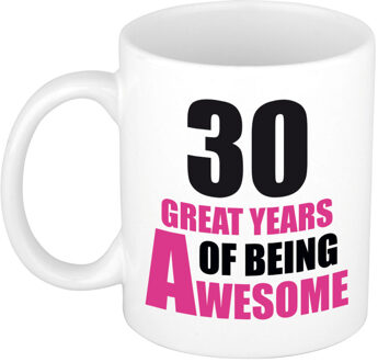 Bellatio Decorations 30 great years of being awesome cadeau mok / beker wit en roze - verjaardagscadeau - feest mokken