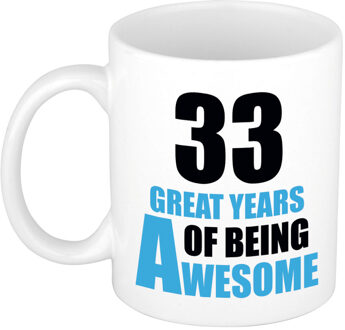 Bellatio Decorations 33 great years of being awesome cadeau mok / beker wit en blauw - verjaardagscadeau 33 jaar - feest mokken