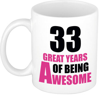 Bellatio Decorations 33 great years of being awesome cadeau mok / beker wit en roze - verjaardagscadeau 33 jaar - feest mokken