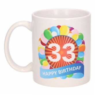Bellatio Decorations 33 jaar Verjaardag koffiemok - cadeau beker - feestelijke ballonnen print - 300 ml - keramiek - wit