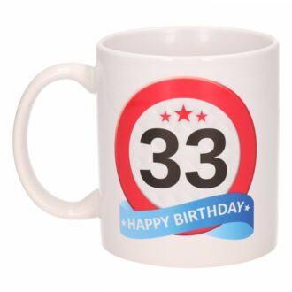 Bellatio Decorations 33 jaar Verjaardag koffiemok - cadeau beker - stopbord print - 300 ml - keramiek - wit