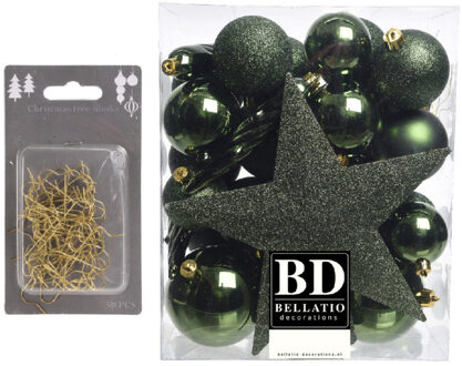 Bellatio Decorations 33x stuks kunststof kerstballen 5, 6 en 8 cm donkergroen inclusief ster piek en kerstbalhaakjes