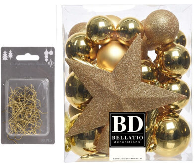 Bellatio Decorations 33x stuks kunststof kerstballen 5, 6 en 8 cm goud inclusief ster piek en kerstbalhaakjes
