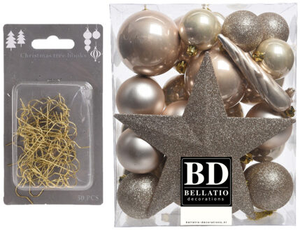 Bellatio Decorations 33x stuks kunststof kerstballen 5, 6 en 8 cm parel champagne inclusief ster piek en kerstbalhaakjes - Kerstbal Champagnekleurig