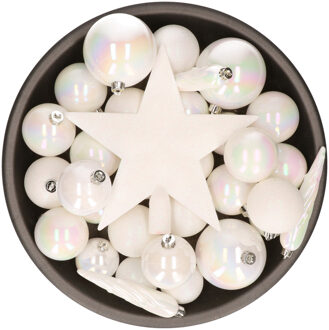 Bellatio Decorations 33x stuks kunststof kerstballen met piek 5-6-8 cm parelmoer wit incl. haakjes - Kerstbal