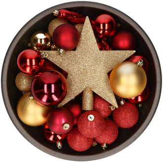 Bellatio Decorations 33x stuks kunststof kerstballen met piek 5-6-8 cm rood/goud incl. haakjes