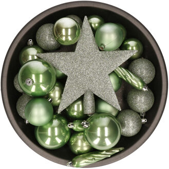 Bellatio Decorations 33x stuks kunststof kerstballen met piek 5-6-8 cm salie groen incl. haakjes