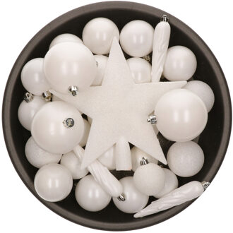 Bellatio Decorations 33x stuks kunststof kerstballen met piek 5-6-8 cm wit incl. haakjes - Kerstbal