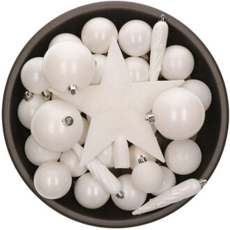 Bellatio Decorations 33x stuks kunststof kerstballen met piek 5-6-8 cm wit incl. haakjes