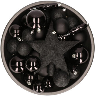 Bellatio Decorations 33x stuks kunststof kerstballen met piek 5-6-8 cm zwart incl. haakjes