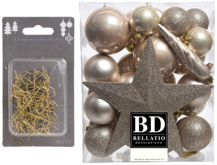 Bellatio Decorations 33x stuks kunststof kerstballen met ster piek parel/champagne inclusief gouden kerstboomhaakjes - Kerstbal Champagnekleurig