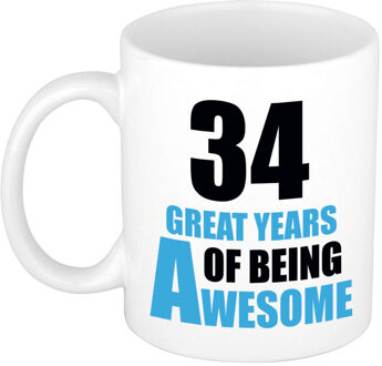 Bellatio Decorations 34 great years of being awesome cadeau mok / beker wit en blauw - verjaardagscadeau 34 jaar - feest mokken