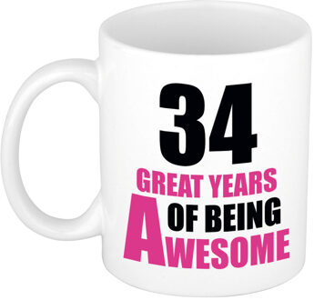 Bellatio Decorations 34 great years of being awesome cadeau mok / beker wit en roze