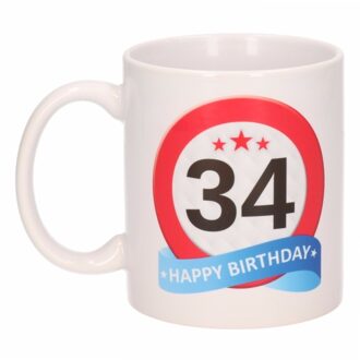Bellatio Decorations 34 jaar Verjaardag koffiemok - cadeau beker - stopbord print - 300 ml - keramiek - wit
