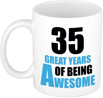 Bellatio Decorations 35 great years of being awesome cadeau mok / beker wit en blauw - verjaardagscadeau 35 jaar - feest mokken