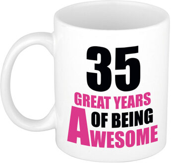 Bellatio Decorations 35 great years of being awesome cadeau mok / beker wit en roze - verjaardagscadeau 35 jaar - feest mokken