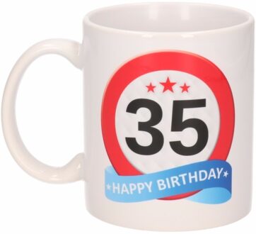 Bellatio Decorations 35 jaar Verjaardag koffiemok - cadeau beker - stopbord print - 300 ml - keramiek - wit