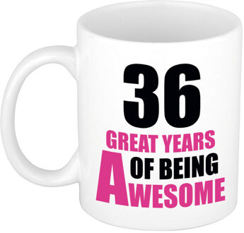 Bellatio Decorations 36 great years of being awesome cadeau mok / beker wit en roze - verjaardagscadeau 36 jaar - feest mokken