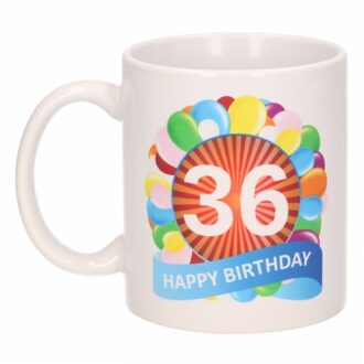 Bellatio Decorations 36 jaar Verjaardag koffiemok - cadeau beker - feestelijke ballonnen print - 300 ml - keramiek - wit