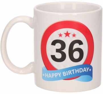 Bellatio Decorations 36 jaar Verjaardag koffiemok - cadeau beker - stopbord print - 300 ml - keramiek - wit
