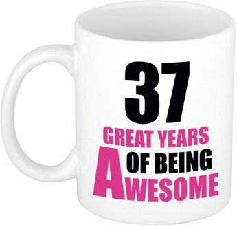 Bellatio Decorations 37 great years of being awesome cadeau mok / beker wit en roze