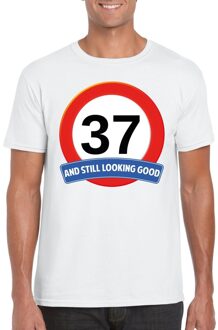 Bellatio Decorations 37 jaar and still looking good - t-shirt verkeersbord print - wit - heren - verjaardag
