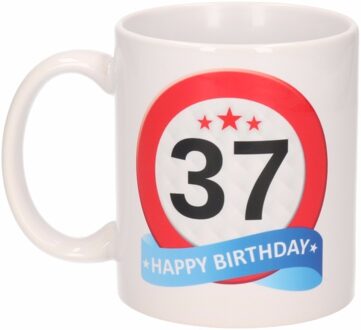 Bellatio Decorations 37 jaar Verjaardag koffiemok - cadeau beker - stopbord print - 300 ml - keramiek - wit