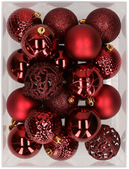 Bellatio Decorations 37x stuks kunststof kerstballen bordeaux rood 6 cm glans/mat/glitter mix