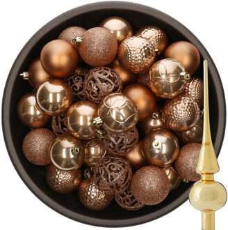 Bellatio Decorations 37x stuks kunststof kerstballen camel bruin 6 cm incl. glazen piek goud